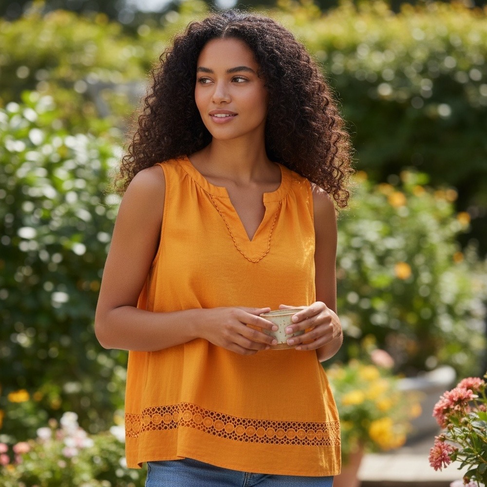 Crown & Ivy Womens Marigold Orange 100% Linen Eyelet Lace Sleeveless Top M